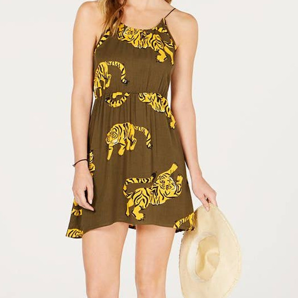 Hurley Women's Large Tiger-Print Strappy Cover-Up  Dress ~ Green & Mustard - Picture 1 of 11